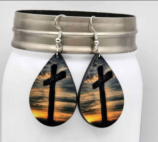 Sunset Wooden Cross Double Sided Handmade Lightweight Dangle Earrings