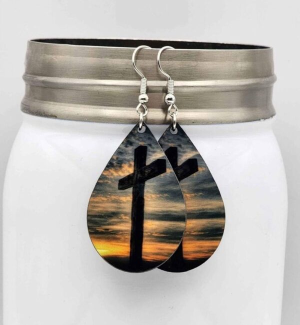 Sunset Wooden Cross Double Sided Handmade Lightweight Dangle Earrings