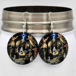 Nativity Manger Scene Christmas Earrings Double Sided Design Wooden Dangle Handmade