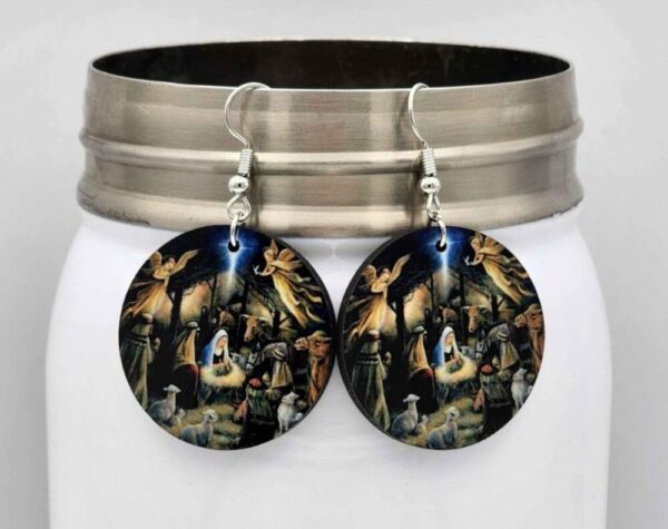 Nativity Manger Scene Christmas Earrings Double Sided Design Wooden Dangle Handmade