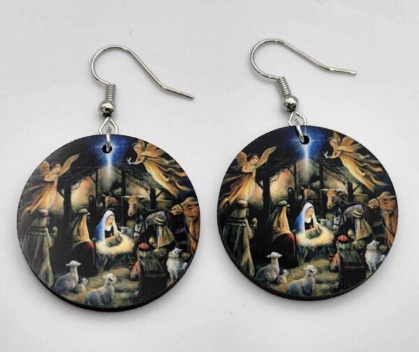 Nativity Manger Scene Christmas Earrings Double Sided Design Wooden Dangle Handmade