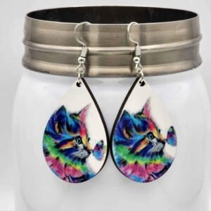 Rainbow Cat and Butterfly Earrings Wooden Handmade Double Sided Design