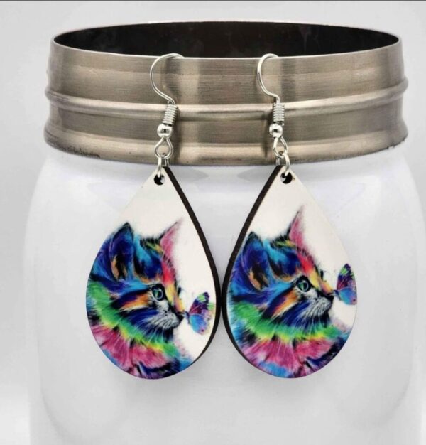 Rainbow Cat and Butterfly Earrings Wooden Handmade Double Sided Design