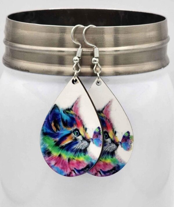 Rainbow Cat and Butterfly Earrings Wooden Handmade Double Sided Design