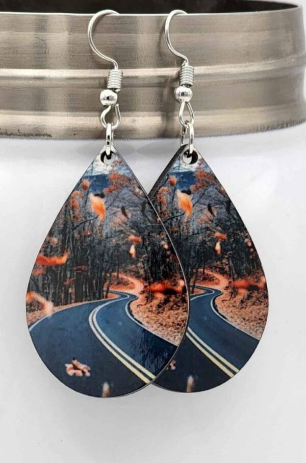 Fall Earrings Windy Day Leaves Adventure Highway Woodwn Handmade