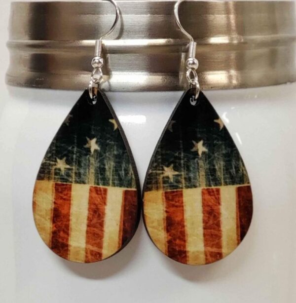 Vintage Distressed Flag Wooden Earrings Double Sided Design