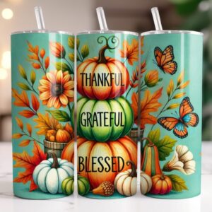 Thankful Grateful Blessed Floral Butterfly Pumpkin Fall Tumbler