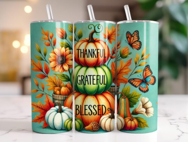 Thankful Grateful Blessed Floral Butterfly Pumpkin Fall Tumbler