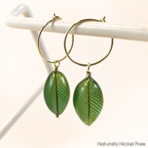 Argentium Silver Green Glass Dangle Hoop Earrings