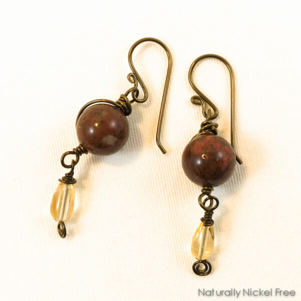 Jasper Stone and Citrine Crystal Bead Earrings