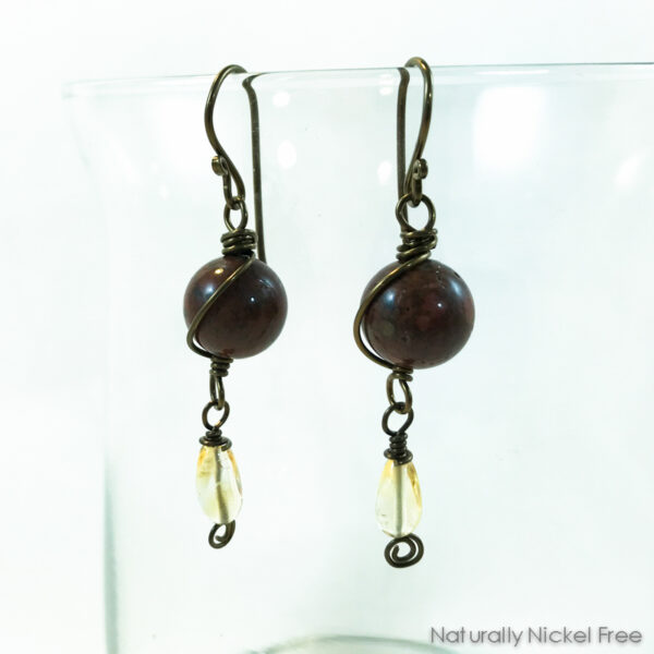 Jasper Stone and Citrine Crystal Bead Earrings