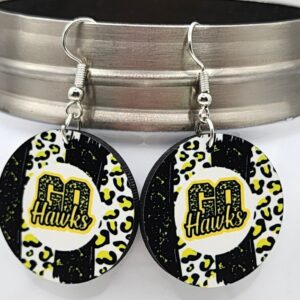 Go Hawks Earrings Black Yellow Leopard Print Double Sided Design Wooden Lightweight