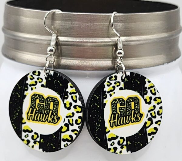 Go Hawks Earrings Black Yellow Leopard Print Double Sided Design Wooden Lightweight