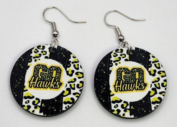 Go Hawks Earrings Black Yellow Leopard Print Double Sided Design Wooden Lightweight