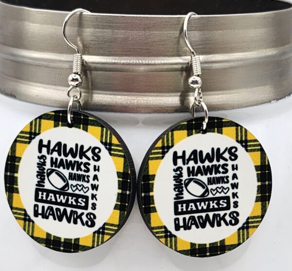 Hawks Earrings Iowa Football Plaid Gold and Black Wooden Double Sided Design