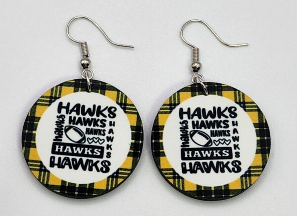 Hawks Earrings Iowa Football Plaid Gold and Black Wooden Double Sided Design