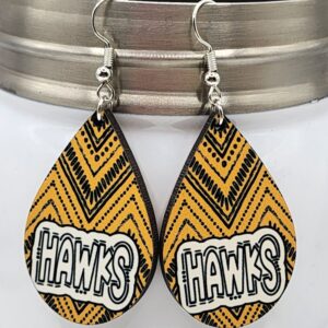 Hawks Earrings Black and Gold Wooden Teardrop Dangle Double Sided Design Lightweight