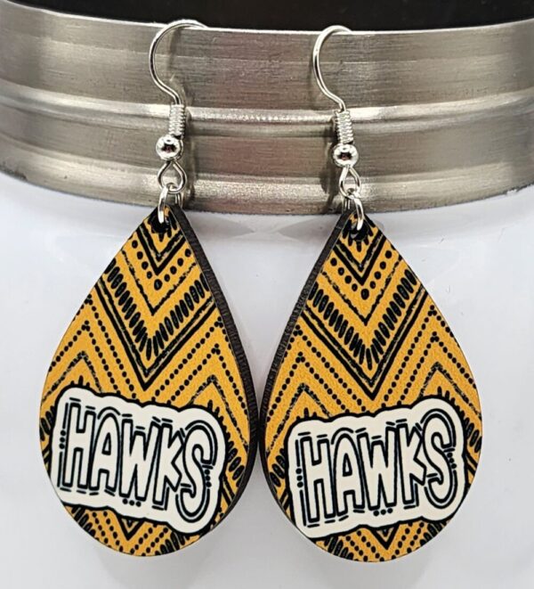 Hawks Earrings Black and Gold Wooden Teardrop Dangle Double Sided Design Lightweight