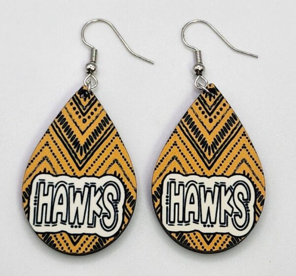 Hawks Earrings Black and Gold Wooden Teardrop Dangle Double Sided Design Lightweight