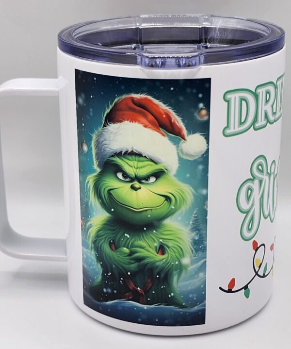 Drink Up Grinches Stainless Steel Mug With Sliding Top Lid Grumpy Holiday Grinch