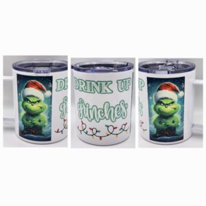 Drink Up Grinches Stainless Steel Mug With Sliding Top Lid Grumpy Holiday Grinch