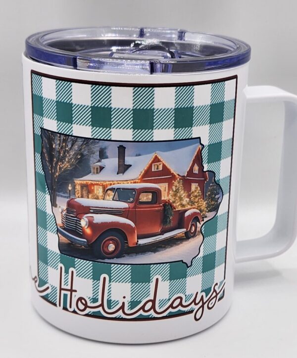 Iowa Christmas Mug Stainless Steel With Lid Home for the Holidays Plaid Vintage Truck