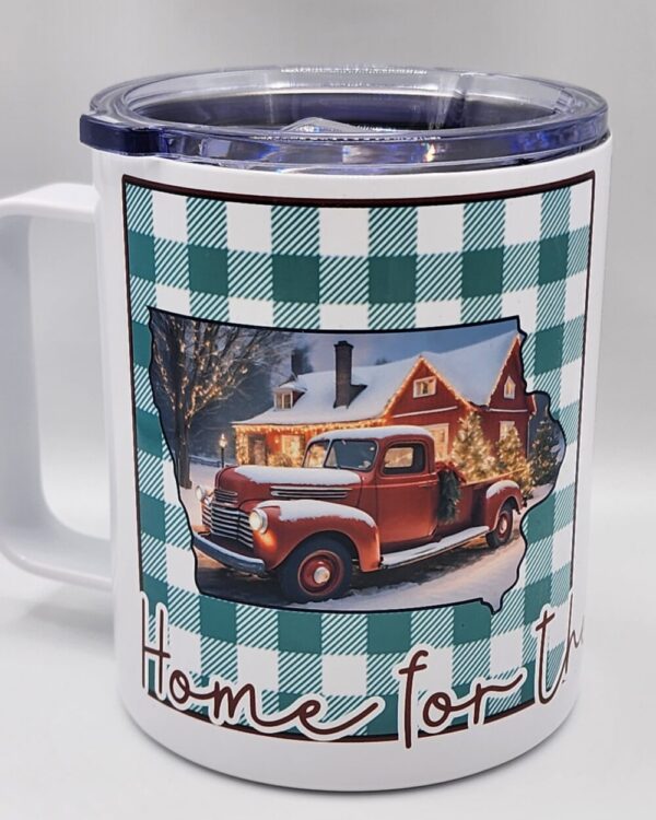 Iowa Christmas Mug Stainless Steel With Lid Home for the Holidays Plaid Vintage Truck