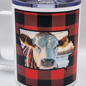 Iowa Christmas Cow Plaid Mug Stainless Steel With Closing Lid