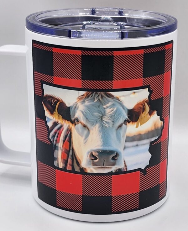 Iowa Christmas Cow Plaid Mug Stainless Steel With Closing Lid