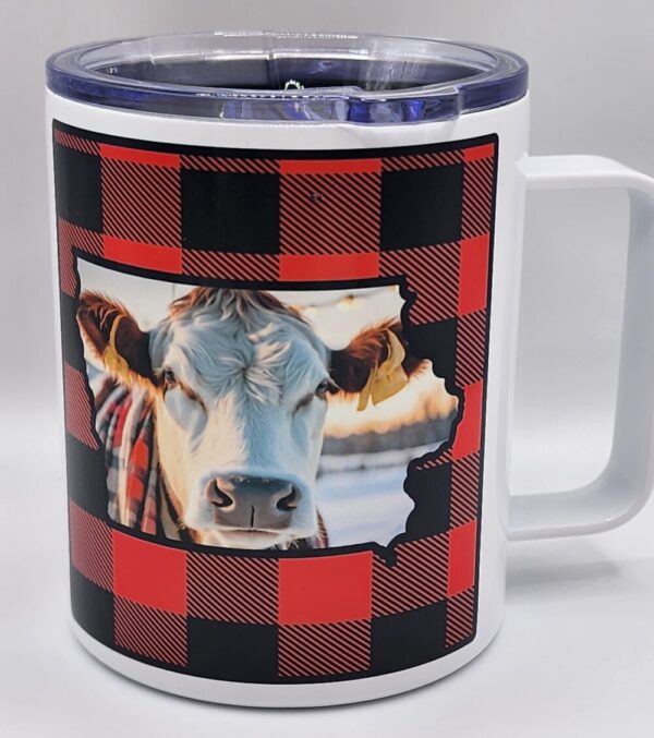 Iowa Christmas Cow Plaid Mug Stainless Steel With Closing Lid