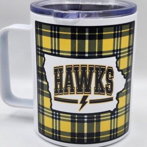 Hawks Iowa Mug Stainless Steel With Closing Lid Black and Gold Plaid