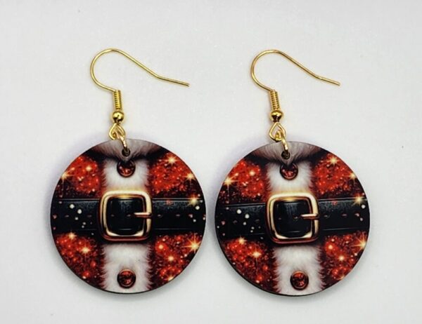 Santa Claus Belt Christmas Holiday Earrings Round Dangle Double Sided Design Wooden Lightweight