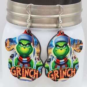 Grinch Christmas Earrings Santa Shaped Double Sided Design Wooden Lightweight