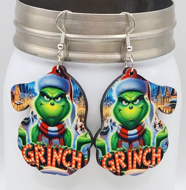 Grinch Christmas Earrings Santa Shaped Double Sided Design Wooden Lightweight