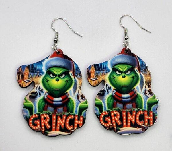 Grinch Christmas Earrings Santa Shaped Double Sided Design Wooden Lightweight