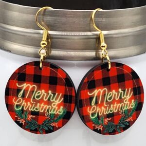 Merry Christmas Earrings Wooden Double Sided Design Buffalo Plaid Holiday Wreath