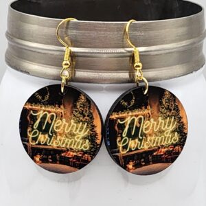 Merry Christmas Earrings Round Double Sided Design Christmas Morning Scene