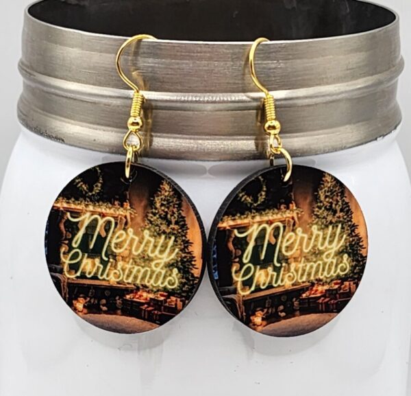 Merry Christmas Earrings Round Double Sided Design Christmas Morning Scene