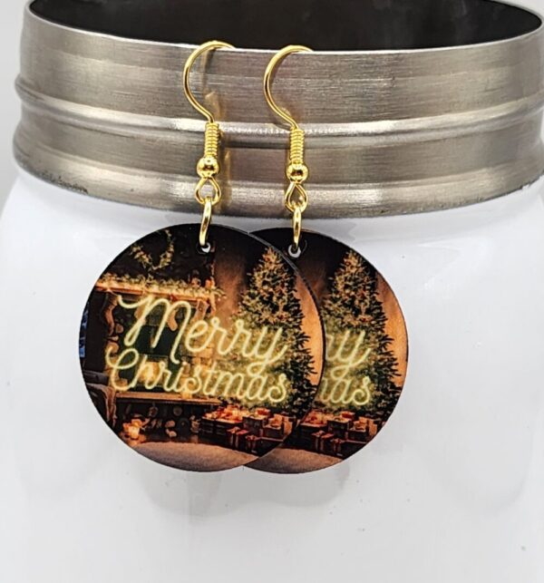 Merry Christmas Earrings Round Double Sided Design Christmas Morning Scene