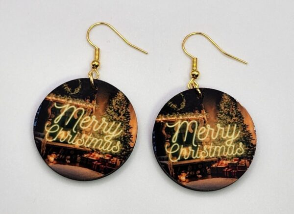 Merry Christmas Earrings Round Double Sided Design Christmas Morning Scene