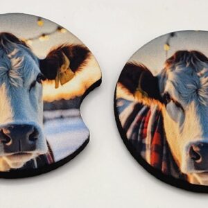 Winter Cow in Christmas Plaid Car Coasters set of 2 Absorbent Holiday Vehicle Accessories