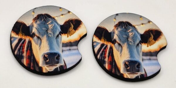 Winter Cow in Christmas Plaid Car Coasters set of 2 Absorbent Holiday Vehicle Accessories