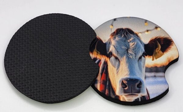 Winter Cow in Christmas Plaid Car Coasters set of 2 Absorbent Holiday Vehicle Accessories