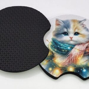 Christmas Cat and Lights Car Coasters Set of 2 Absorbent Holiday Vehicle Accessories