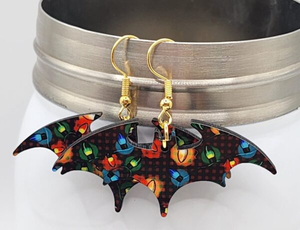 Christmas Lights Bat Earrings Wooden Double Sided Design Lightweight Hypoallergenic