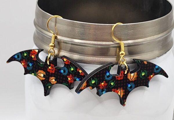 Christmas Lights Bat Earrings Wooden Double Sided Design Lightweight Hypoallergenic