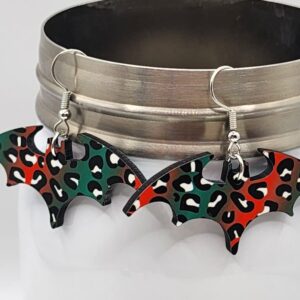 Red and Green Leopard Print Christmas Bat Earrings Wooden Double Sided Design Lightweight Hypoallergenic