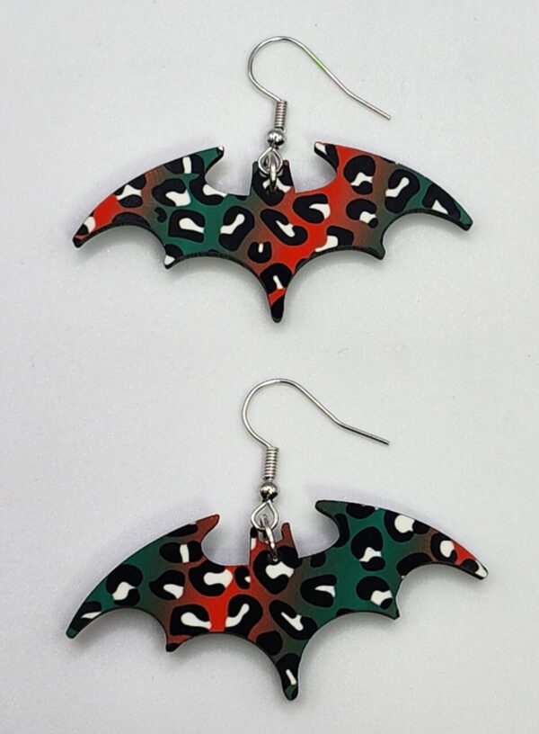 Red and Green Leopard Print Christmas Bat Earrings Wooden Double Sided Design Lightweight Hypoallergenic