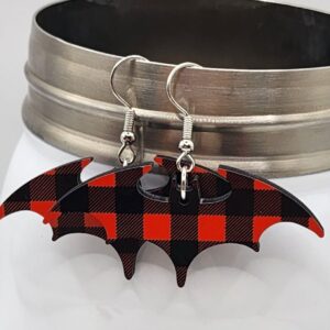 Buffalo Plaid Bat Earrings Wooden Handmade Double Sided Design Lightweight Hypoallergenic