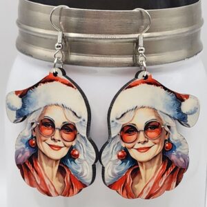 Retro Mrs Claus Earrings Wooden Double Sided Design Handmade Lightweight Hypoallergenic